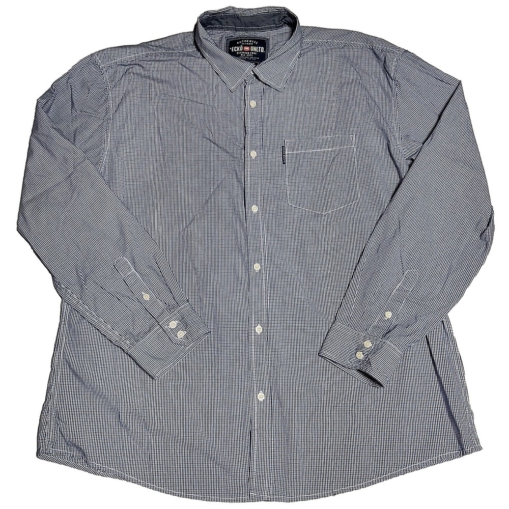 ECKO‎ UNLTD Men 3XL Blue Black Mini Check Cotton Button-Up Long Sleeve Shirt EUC